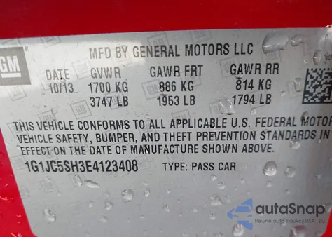 2014 Chevrolet Sonic Lt из США, поврежденный, VIN 1G1JC5SH3E4123408